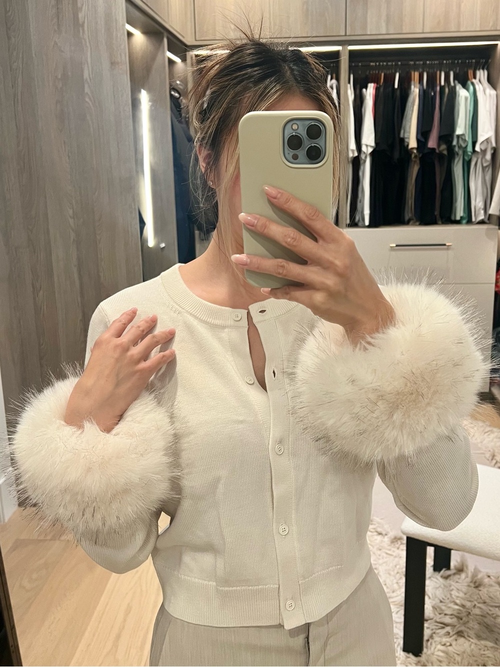 Alice + Olivia Cream Wool Cardigan with Faux Fur Cuff Soft White NWT (org $550)